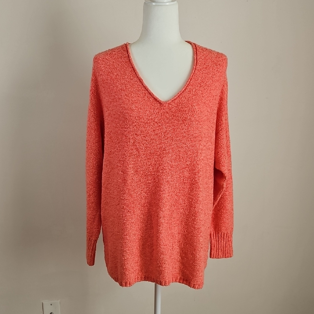 Pure Jill V Neck Knit Sweater Marled Orange Cable Cuffs Soft Casual 1X